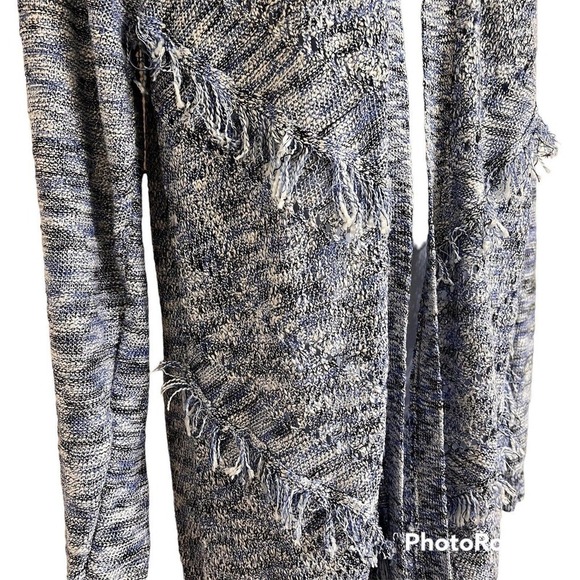 89th and Madison Cardigan Sweater Long Open Front Blue White Fringe Details - Picture 4 of 15